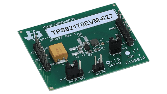 TPS62170EVM-627 采用 2x2 mm、8 引脚 WSON 封装的 TPS62170（0.5A 同步降压转换器）评估模块 angled board image