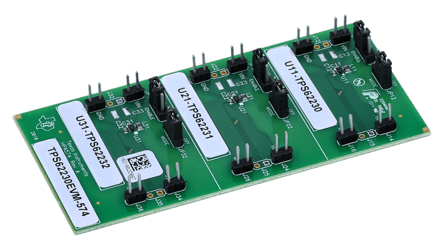 TPS62230EVM-574 用于 TPS62230、TPS62231、TPS62232 超小型降压转换器 1.2V、1.8V、2.5V 的评估模块 angled board image