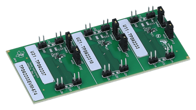 TPS62233EVM-574 用于 TPS62233、TPS622310、TPS62237 超小型降压转换器（2.3、3.0、3.3）V 的评估模块 angled board image