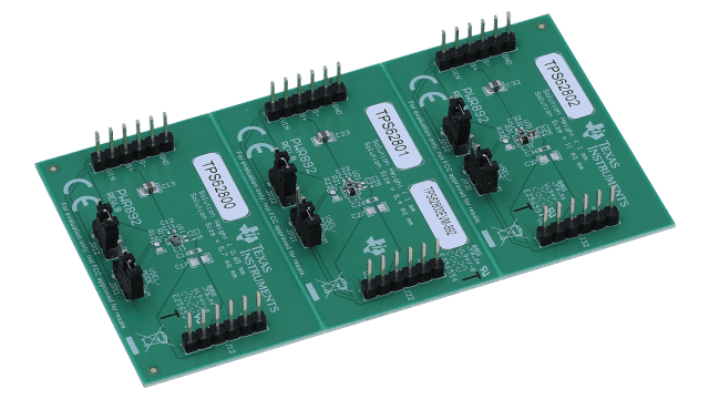 TPS62800EVM-892 微型、0.35mm 间距、2.3uA Iq、1A 降压转换器评估模块（3 个电路） angled board image