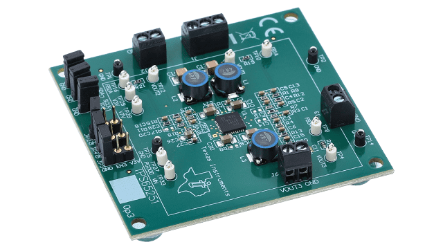 TPS65251EVM 用于 TPS65251（具有 3 个 DC/DC 转换器的 PMU，输入电压高达 18V）的评估模块 angled board image