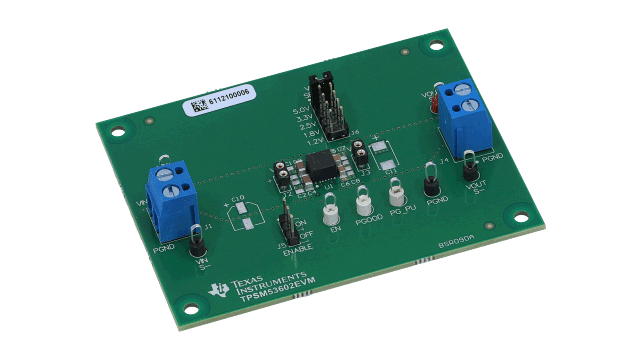 TPSM53602EVM 3.8V 至 36V 输入、1V 至 7V 输出、2-A 电源模块评估板 angled board image