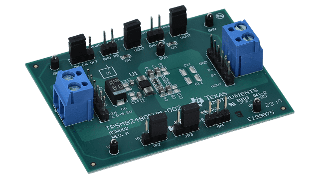 TPSM82480EVM-002 具有集成电感器的 TPSM82480 5.5V 输入电压、6A 降压转换器评估模块 angled board image