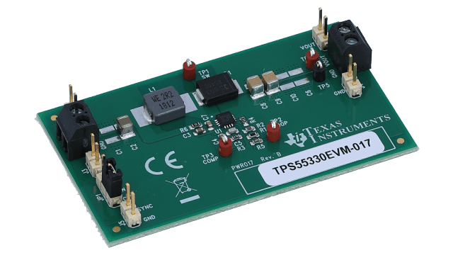 TPS55330EVM-017 集成式 5A、24V 宽输入范围升压 DC/DC 稳压器评估模块 angled board image