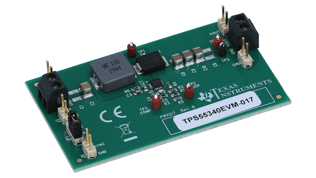 TPS55340EVM-017 用于 TPS55340 5A、40V 电流模式集成 FET 升压 DC/DC 转换器的评估模块 angled board image