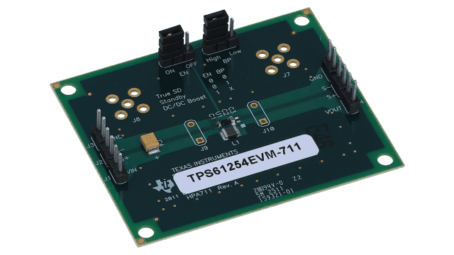 TPS61254EVM-711 用于具有输入电流限制和旁路 TPS61254 小型升压转换器的评估模块 angled board image