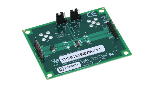 TPS61256EVM-711 用于具有输入电流限制和旁路 TPS61256 小型升压转换器的评估模块 angled board image