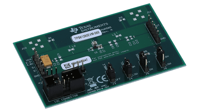 TPS61280EVM-585 具有 I2C 接口评估模块的低压、宽电压电池前端 DC/DC 转换器 angled board image