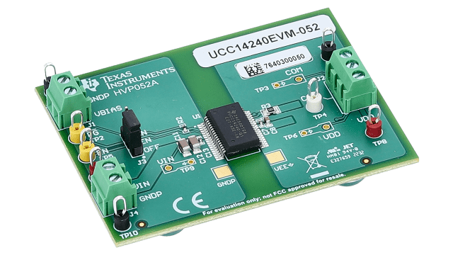 UCC14240EVM-052 <p>UCC14240-Q1 2.0W 双路输出隔离式直流/直流转换器栅极驱动器辅助电源评估模块</p> angled board image