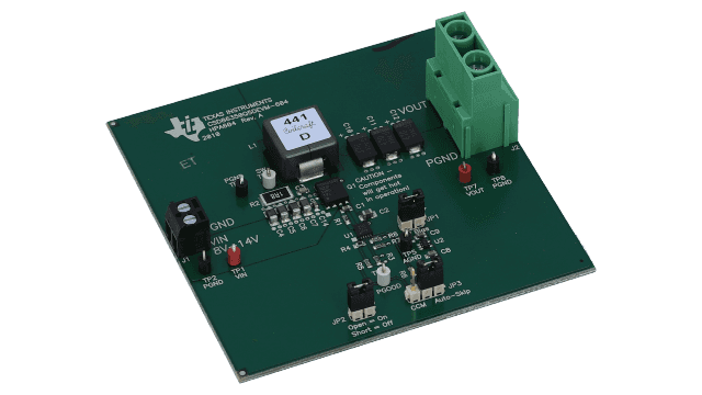 CSD86350Q5DEVM-604 使用 NexFET&trade; 电源块和 TPS51218 的高密度大电流电源解决方案 angled board image