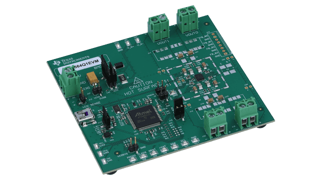 LP87564Q1EVM 具有集成开关的四路输出单相 4A 降压转换器评估模块 angled board image