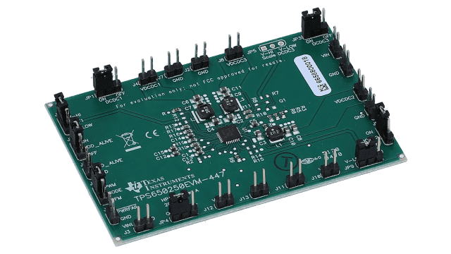 TPS650250EVM-447 TPS650250EVM-447 评估模块：具有 3 个直流/直流转换器和 3 个 LDO 的可配置电源管理 IC (PMIC) angled board image