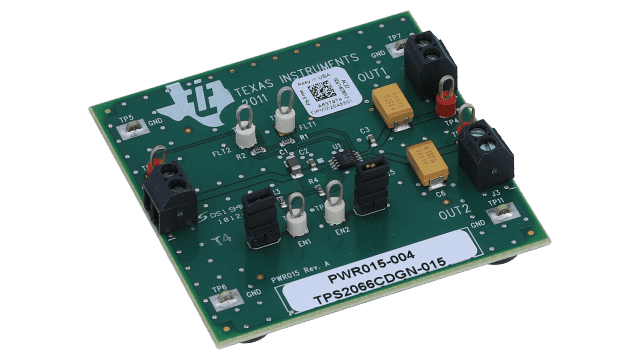 TPS2066CDGNEVM-015 用于 TPS2066C 双通道限流配电开关的评估模块 angled board image