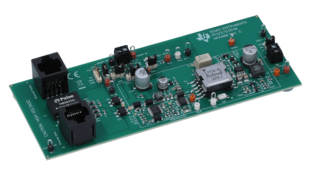 TPS23757EVM TPS23757 22-57V 输出电压、5V 输出电压高效 PoE 接口和 DC/DC 控制器评估模块 angled board image