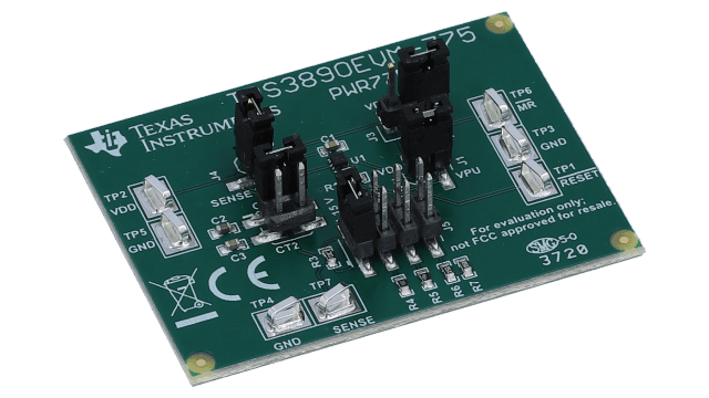 TPS3890EVM-775 具有可编程延迟的 TPS3890 低静态电流、1% 精度监控器评估模块 angled board image