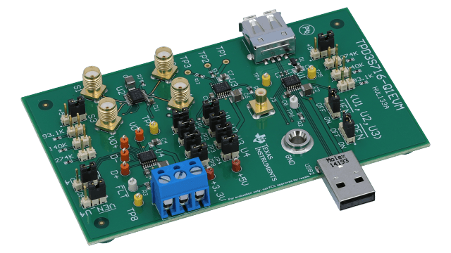 TPD3S716-Q1EVM 具有可调电流限制的 TPD3S716-Q1 汽车类 USB 2.0 接口保护器件评估模块 angled board image