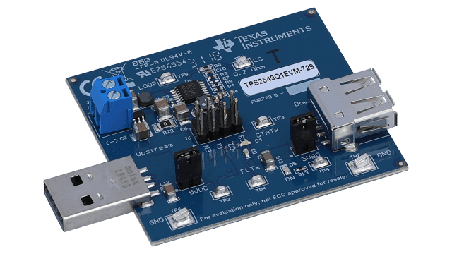 TPS2549Q1EVM-729 TPS2549Q1EVM 汽车类 USB 充电端口控制器和电源开关评估模块 angled board image