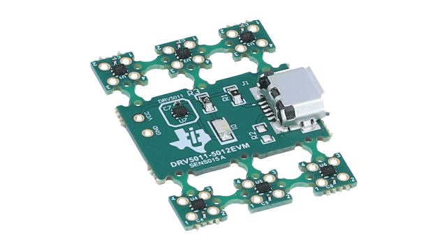 DRV5011-5012EVM DRV5011 和 DRV5012 超低功耗、数字锁存器霍尔效应传感器评估模块 angled board image