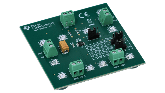 INA225EVM 用于 36 V 可编程增益、电流分流监控器的 INA225 评估模块 angled board image