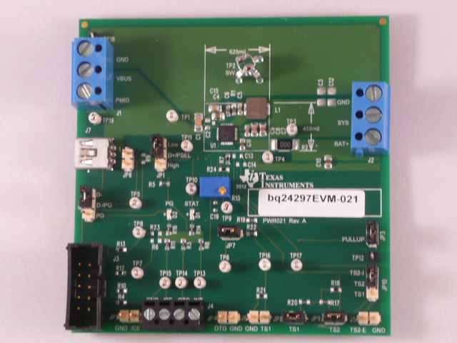 BQ24297EVM-021 具有可调电压 USB OTG 评估模块的 I2C 控制 3A 单节 USB NVDC-1 充电器 top board image