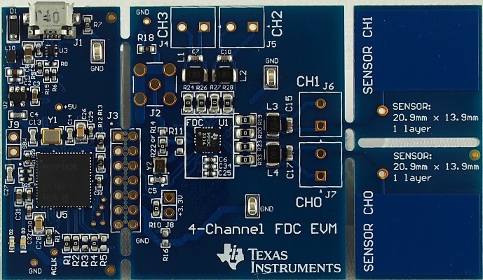 FDC2114EVM FDC2114（两个电容传感器）评估模块 top board image