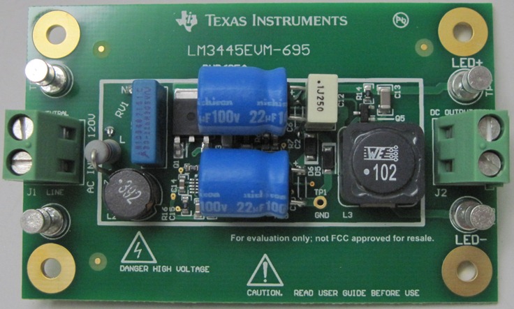 LM3445EVM-695 LM3445 120Vac 填谷式降压双向晶闸管可调光 LED 驱动器评估模块 top board image