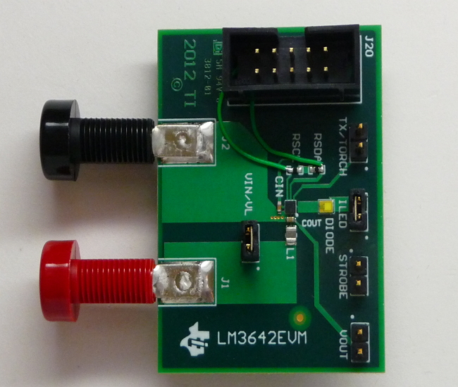 LM3642TL-LTEVM 具有高侧电流评估模块板的 LM3642 1.5A 同步升压 LED 闪存驱动器 top board image