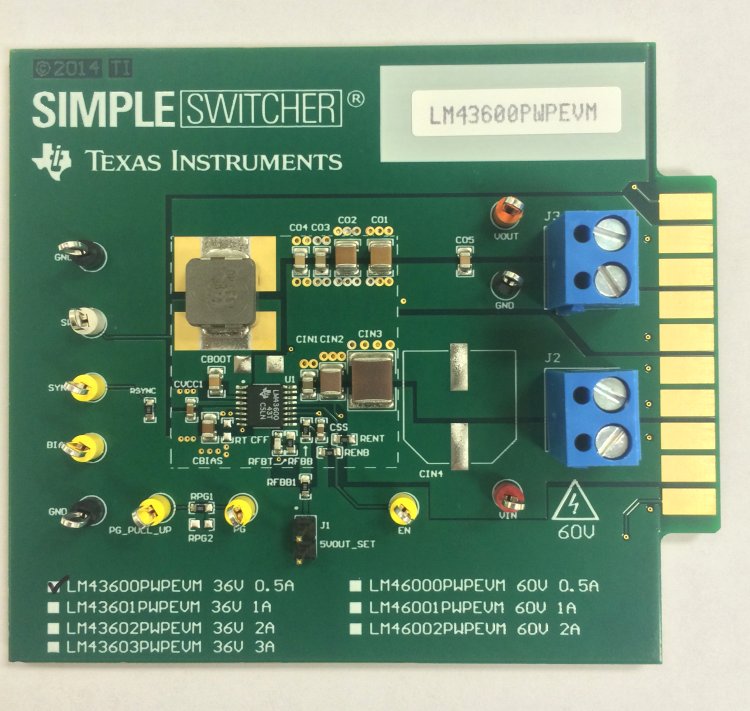 LM43600PWPEVM LM43600PWP 同步降压转换器评估模块 top board image