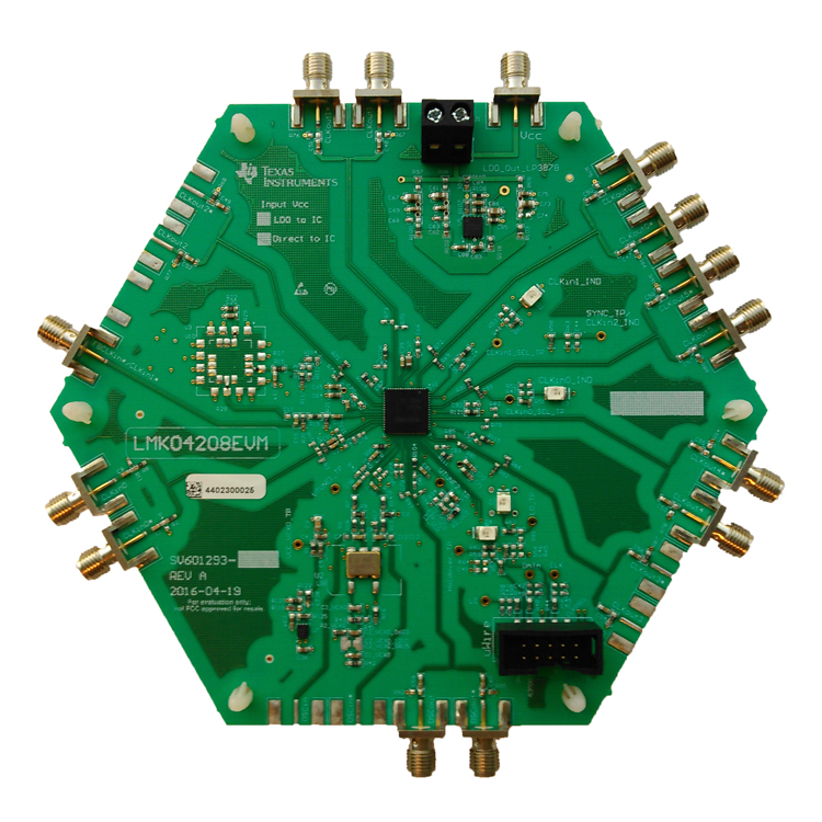 LMK04208EVM 具有双路级联 PLL 和集成 2.9GHz VCO 的双输入、6+1 输出时钟抖动清除器 top board image