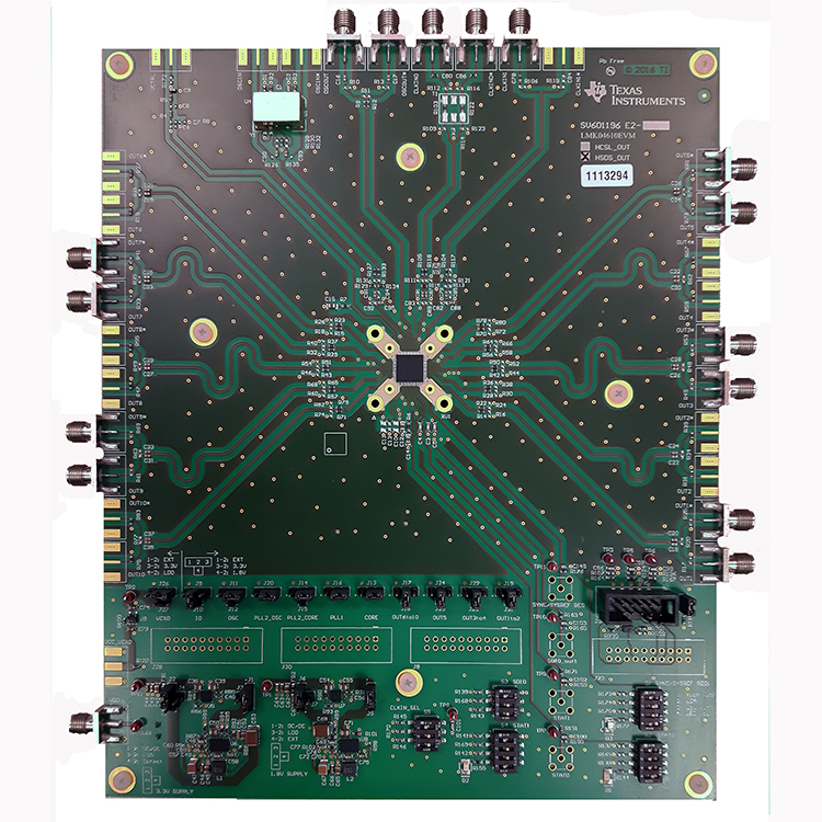 LMK04610EVM 具有双 PLL 且符合 JESD204B 标准的 LMK04610 超低噪声和低功耗时钟抖动清除器 EVM top board image