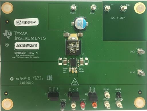 LMS3635MQEVM LMS3635-Q1 3.5A、5V、400kHz 同步降压转换器评估模块 top board image