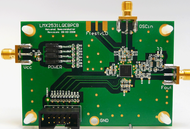 LMX25312820EVAL/NOPB 具有集成 VCO 的高性能频率合成器系统（1355MHz 至 1462MHz，2710MHz 至 2925MHz） top board image