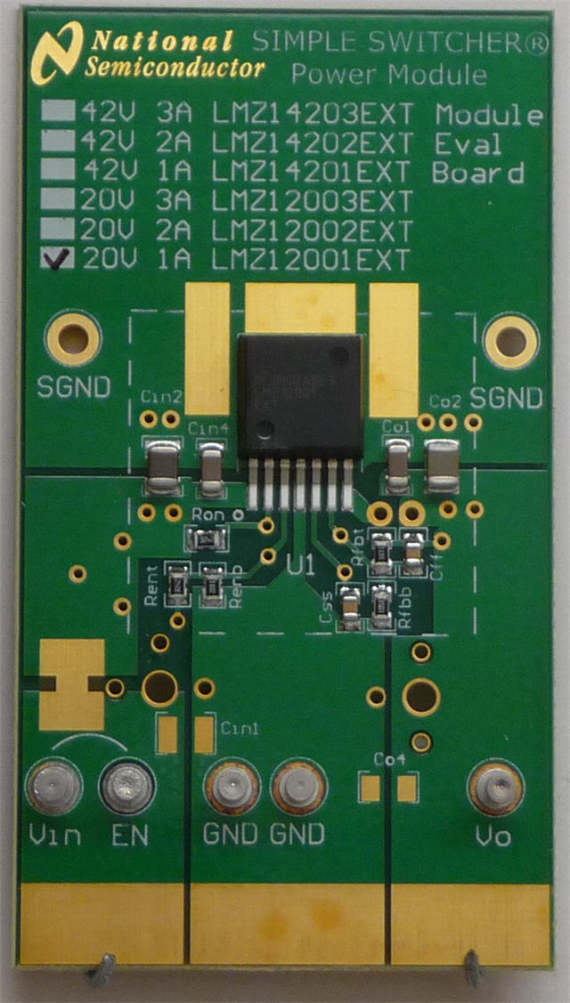 LMZ12001EXTEVAL/NOPB Simple Switcher&reg; 电源模块 20V 输入电压、1A 扩展温度评估板 top board image