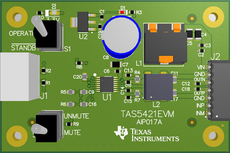TAS5421EVM TAS5421EVM 用于紧急呼叫、远程信息处理、仪表板和信息娱乐的音频放大器评估板 top board image
