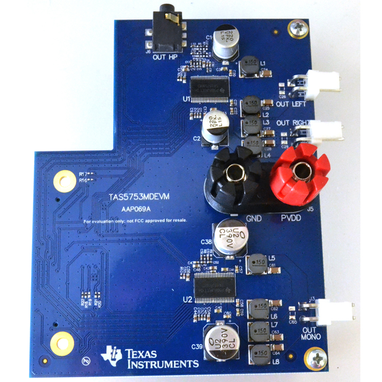 TAS5753MDEVM 具有集成式耳机/线路驱动器的 TAS5753MD I2S 输入、开环音频放大器评估模块 top board image