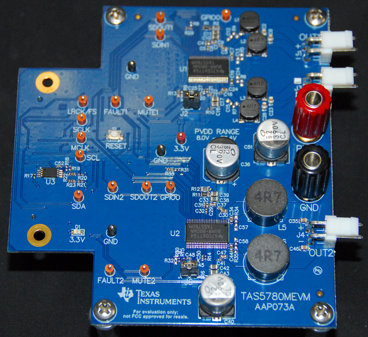TAS5780MEVM 具有 96kHz 处理能力的 TAS5780M 数字输入闭环 D 类音频放大器评估模块 top board image
