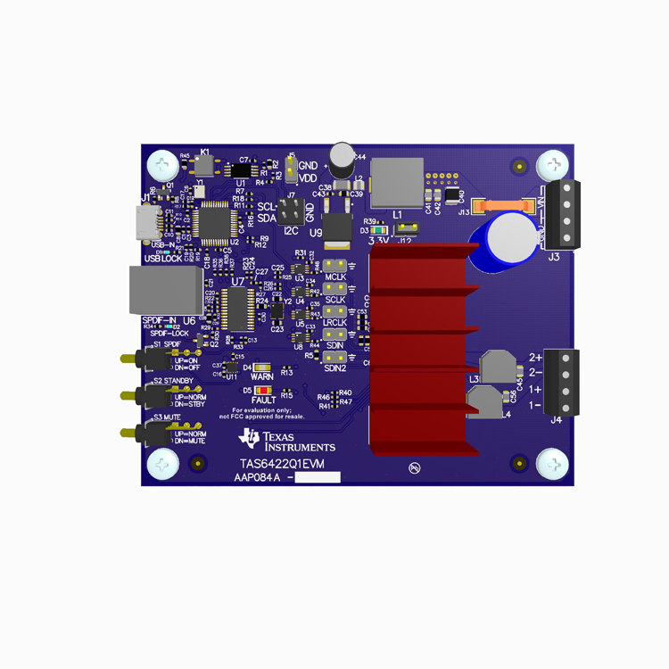 TAS6422Q1EVM 具有 I2C 诊断功能的 TAS6422Q1 2.1MHz 2 通道数字输入 D 类音频放大器评估模块 top board image