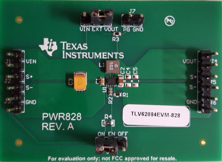 TLV62084EVM-828 针对 TLV62084 6V 输入、2A 输出降压转换器的评估模块 top board image
