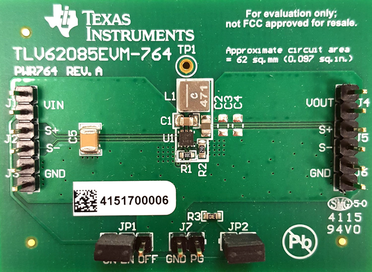 TLV62085EVM-764 适用于采用 2mm x 2mm 封装的 3A 降压转换器的 EVM top board image