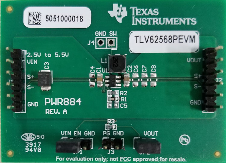 TLV62568PEVM-884 TLV62568 5.5V 输入、1A 输出、高效降压转换器评估模块 top board image