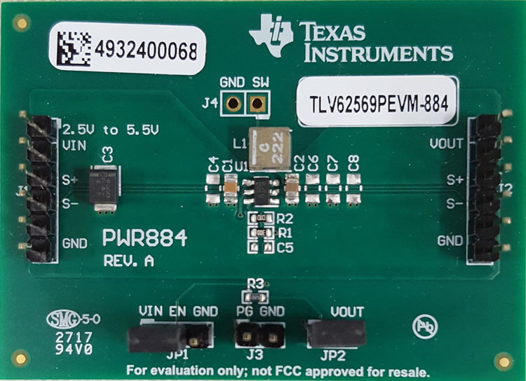 TLV62569PEVM-884 TLV62569PDDC 5.5V 输入、2A 输出、高效降压转换器评估模块 top board image