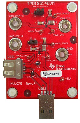 TPD1S514-1EVM TPD1S514-1EVM：USB 充电器，VBUS_CON 引脚带过压、电涌和 ESD 保护 top board image