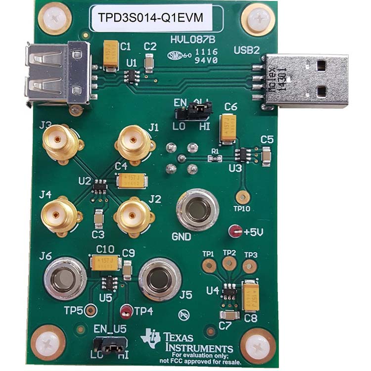 TPD3S014-Q1EVM 适用于汽车 USB 的 TPD3S014-Q1 限流开关和 D+/D- ESD 保护器件评估模块 top board image