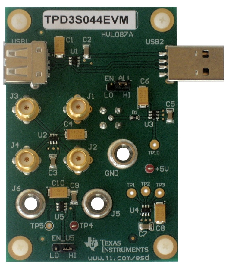 TPD3S044EVM 具有 VBUS 电流限制的 TPD3S044 集成 USB 保护评估模块 top board image