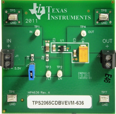 TPS2065CDBVEVM-636 用于 TPS2065C 单通道、限流 USB 配电开关的评估模块 top board image
