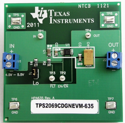 TPS2069CDGNEVM-635 用于 TPS2069C 单通道、限流 USB 配电开关的评估模块 top board image