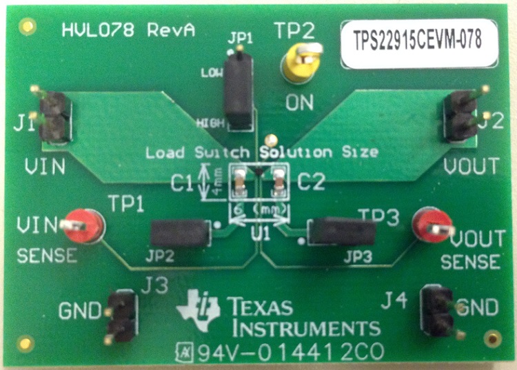 TPS22915CEVM-078 具有超低 Ron 的单通道负载开关评估模块 top board image