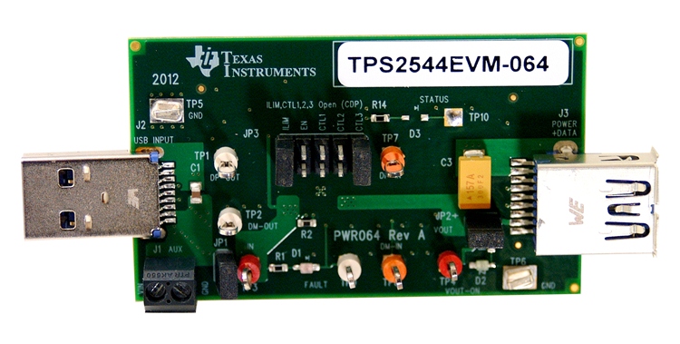 TPS2544EVM-064 TPS2544 USB Charging Port Controller and Power Switch Evaluation Module top board image