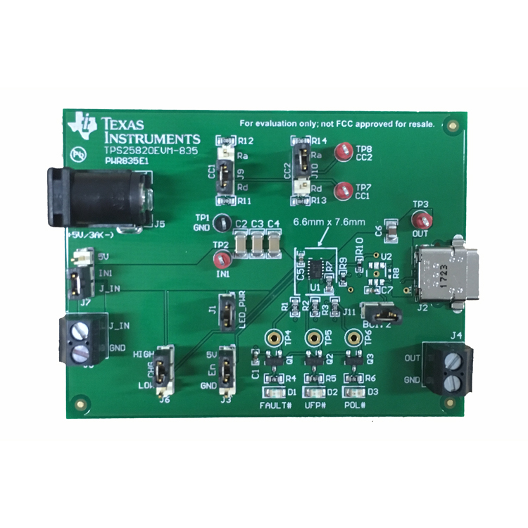 TPS25820EVM-835 具有 USB 专用端口控制器的 TPS25820 USB Type-C 1.5A 源控制器和电源开关 EVM top board image