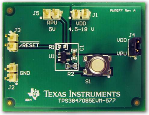 TPS3847085EVM-577 18V、400nA 电压监视器评估模块 top board image